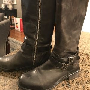 Hinge brand tall black leather boots.